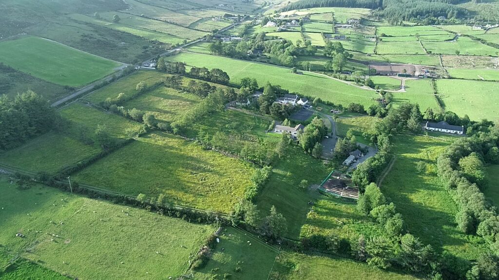 View from drone showing Rostrevor Holidays self-catering houses located in Kilbroney Valley